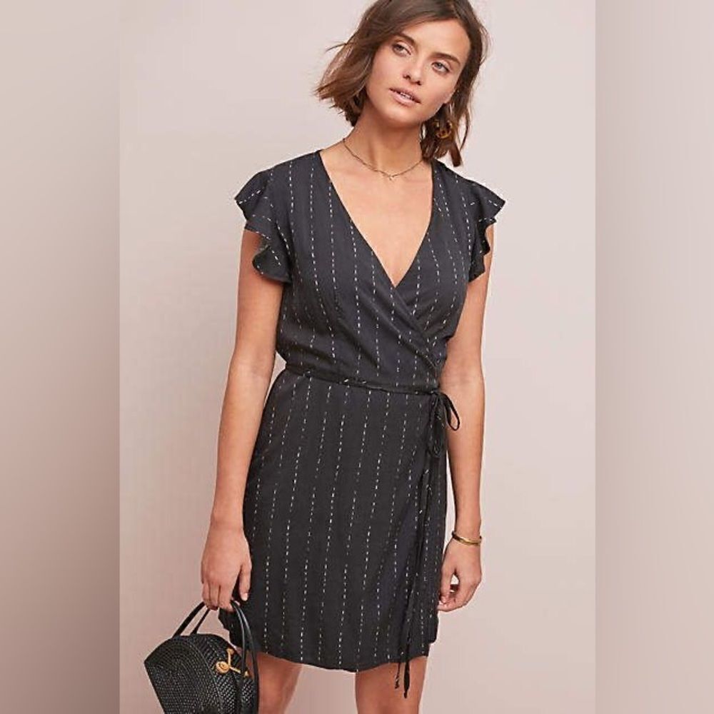 Cloth & Stone for Anthropologie Carter Wrap Dress in Charcoal Cream Dashes -Sz S